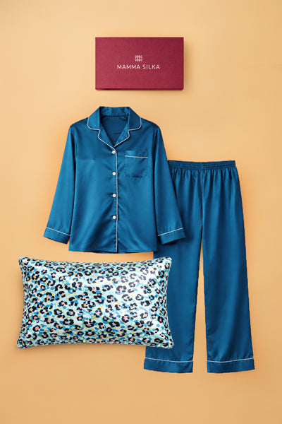 Mamma Silka - Pyjama & Taie en Soie Assortis - Nuance bleue (Edition Unique)