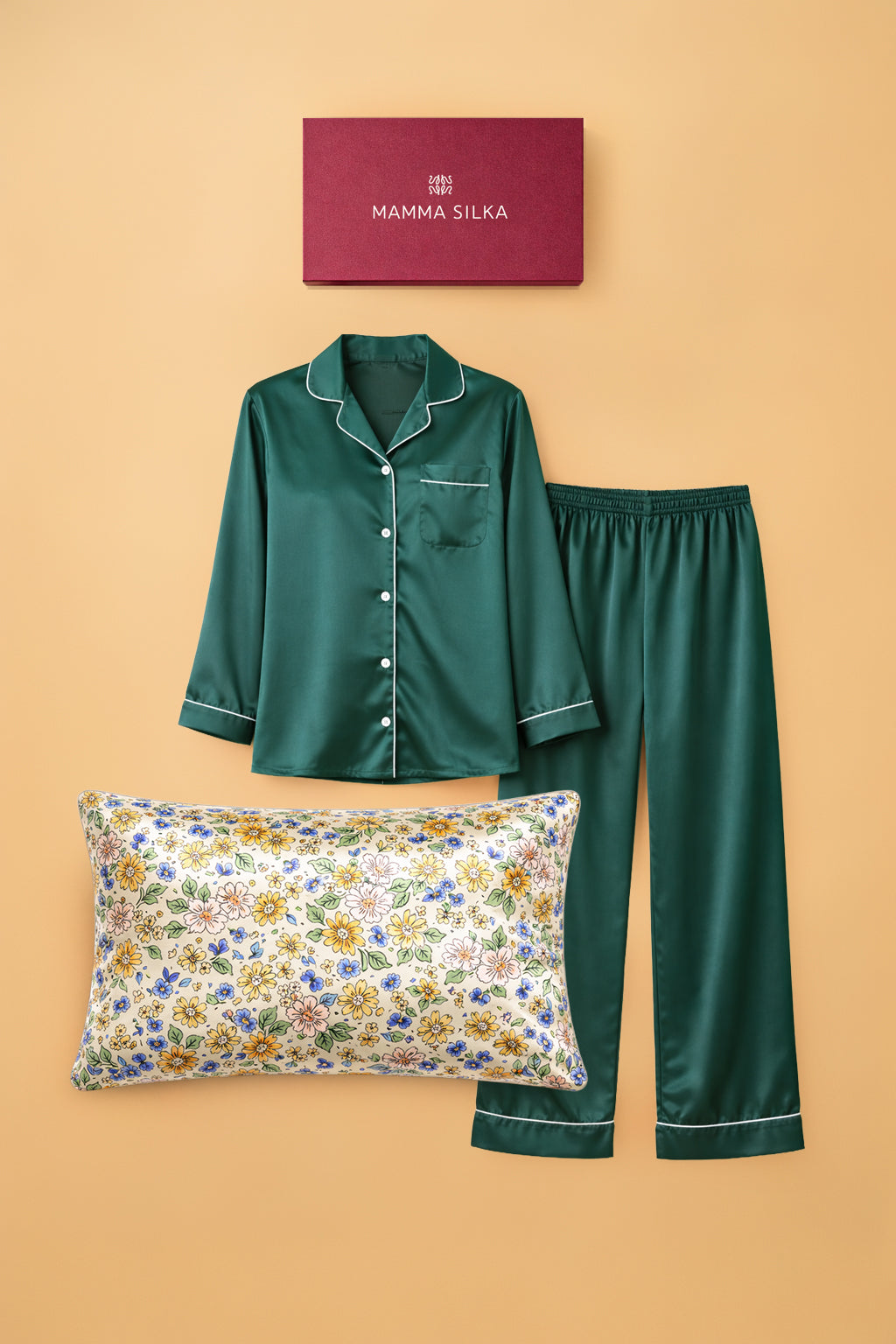 Mamma Silka - Pyjama & Taie en Soie Assortis - Nuance verte (Edition Unique)